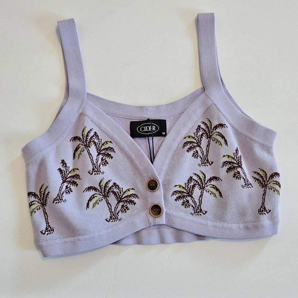 Cider Cropped Top Knit‎ Button Front Palm Tree Women's Size Medium Vacation